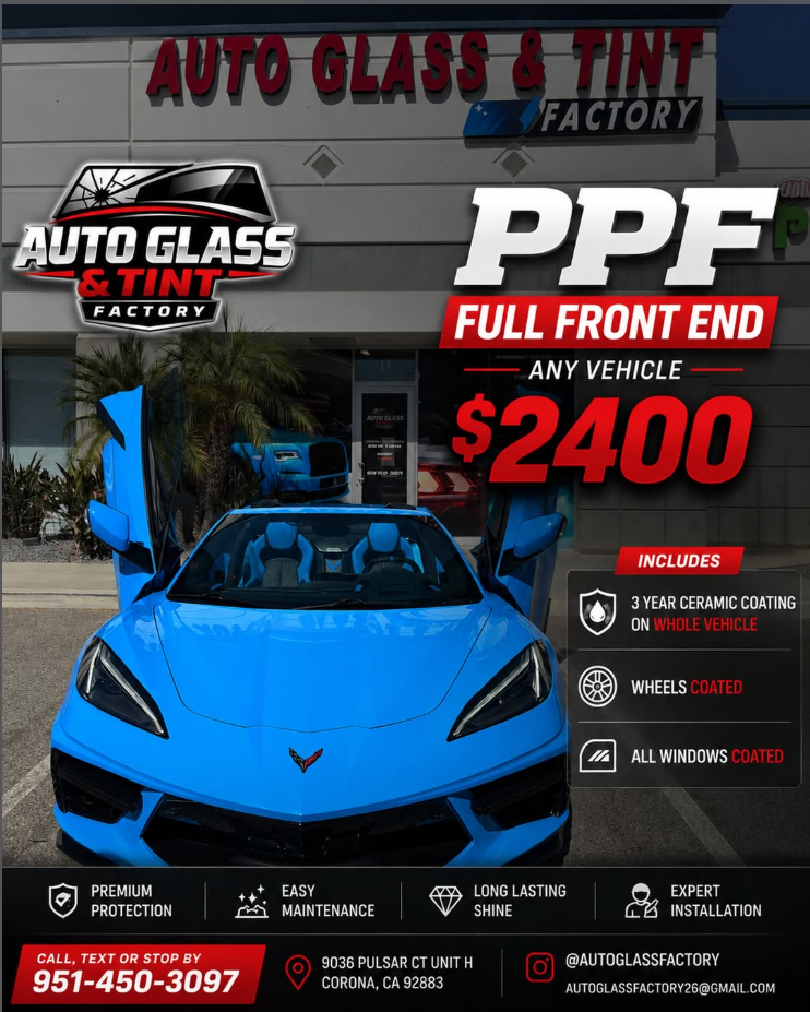Rapid blue Corvette C8 with doors up — PPF full front end deal flyer